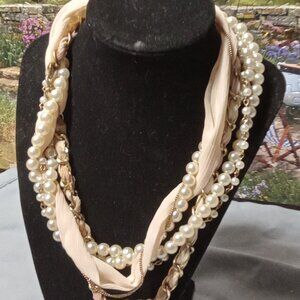 Vintage Tan Cloth with Pearls Necklace